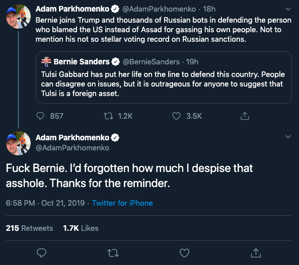 Adam Parkhomenko tweets about Bernie Sanders defending Tulsi Gabbard